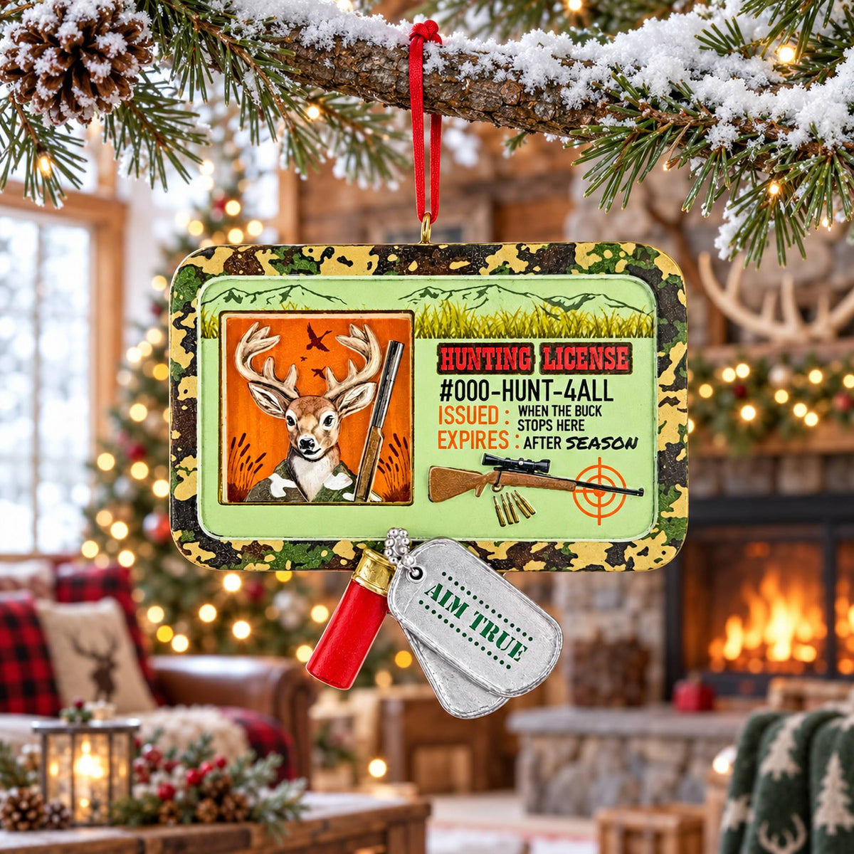 Buck's Hunting License Camo Resin Christmas Ornament