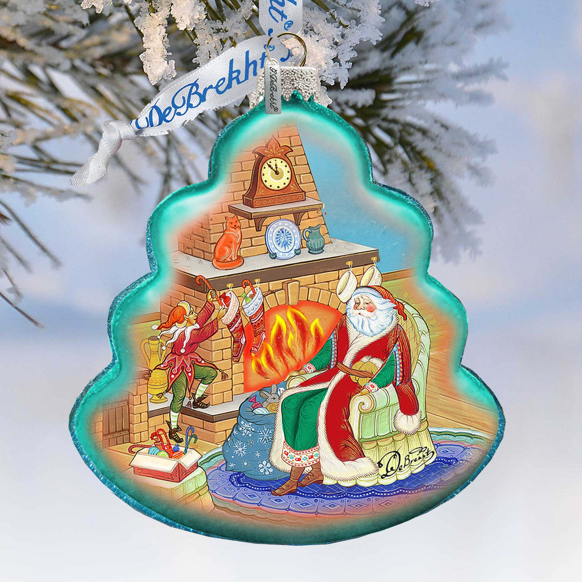 At the Fireplace Santa Glass Ornament