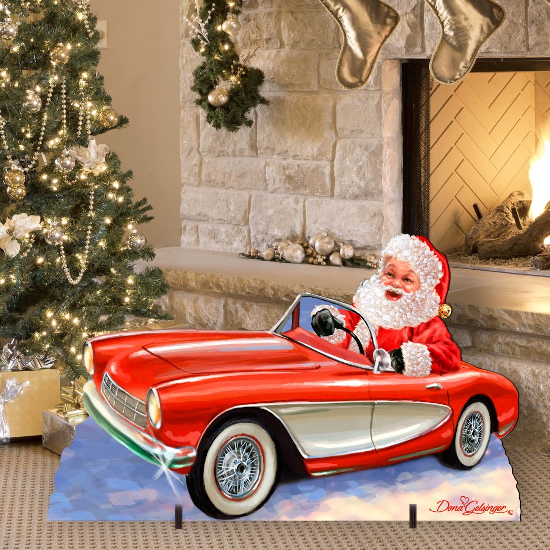 Santa Sports Car Christmas Outdoor Scene by D. Gelsinger - Christmas Santa Snowman Decor - 8461030F-1554