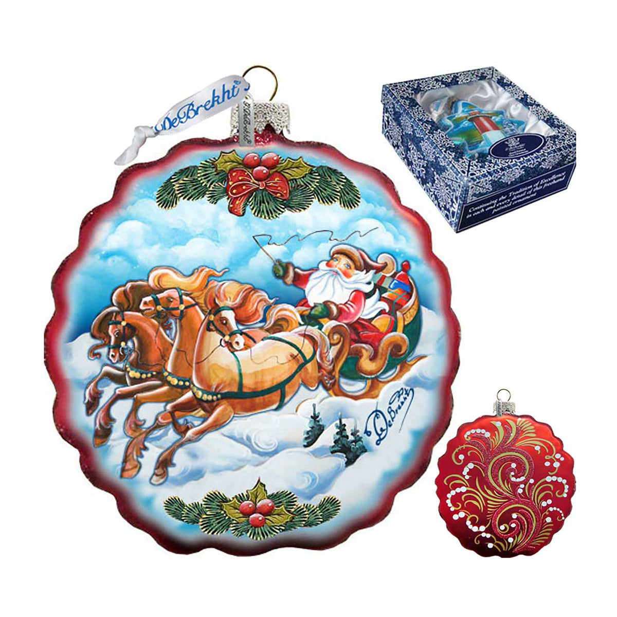Sleigh Ride Flower Glass Ornament by G. DeBrekht - Christmas Santa Snowman Decor - 759-003
