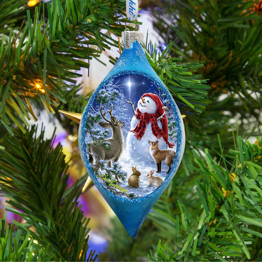 Trimming the Tree Snowman Glass Ornament by D. Gelsinger - Christmas Santa Snowman Decor - 757-103-DG