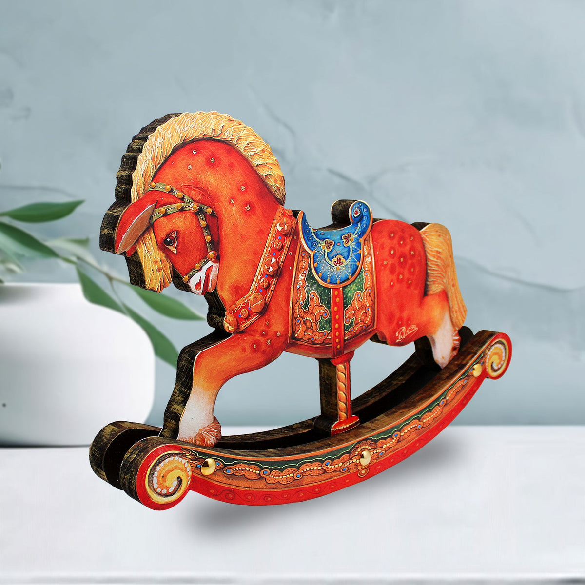 Rocking Horse Decorated Centerpiece Wooden Figurine by G. Debrekht - Christmas Santa and Snowman Decor - 89311
