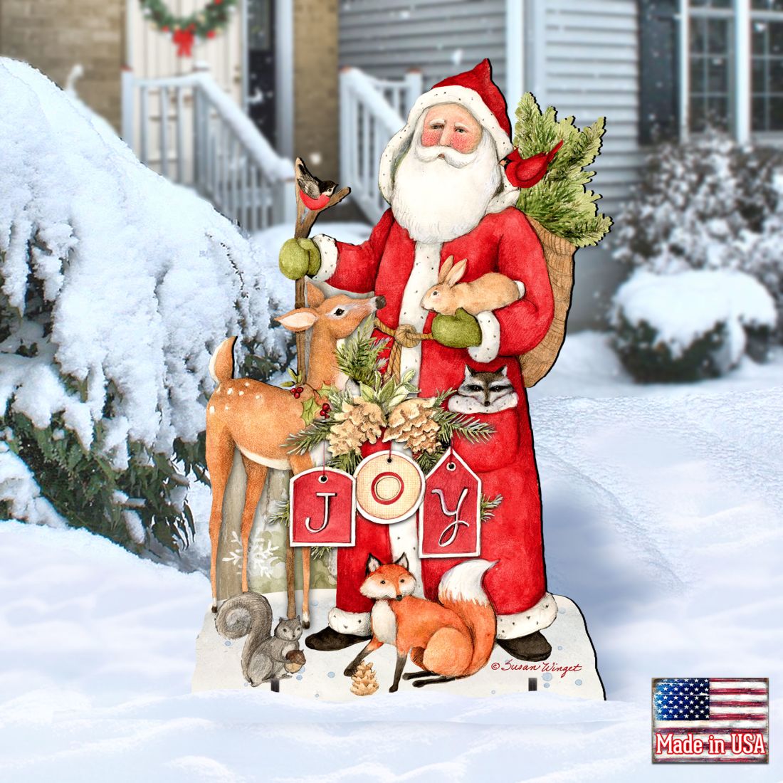 Woodland Frosty Santa Outdoor Christmas Scene by Susan Winget - Christmas Santa Snowman Decor - 8471105F-SW