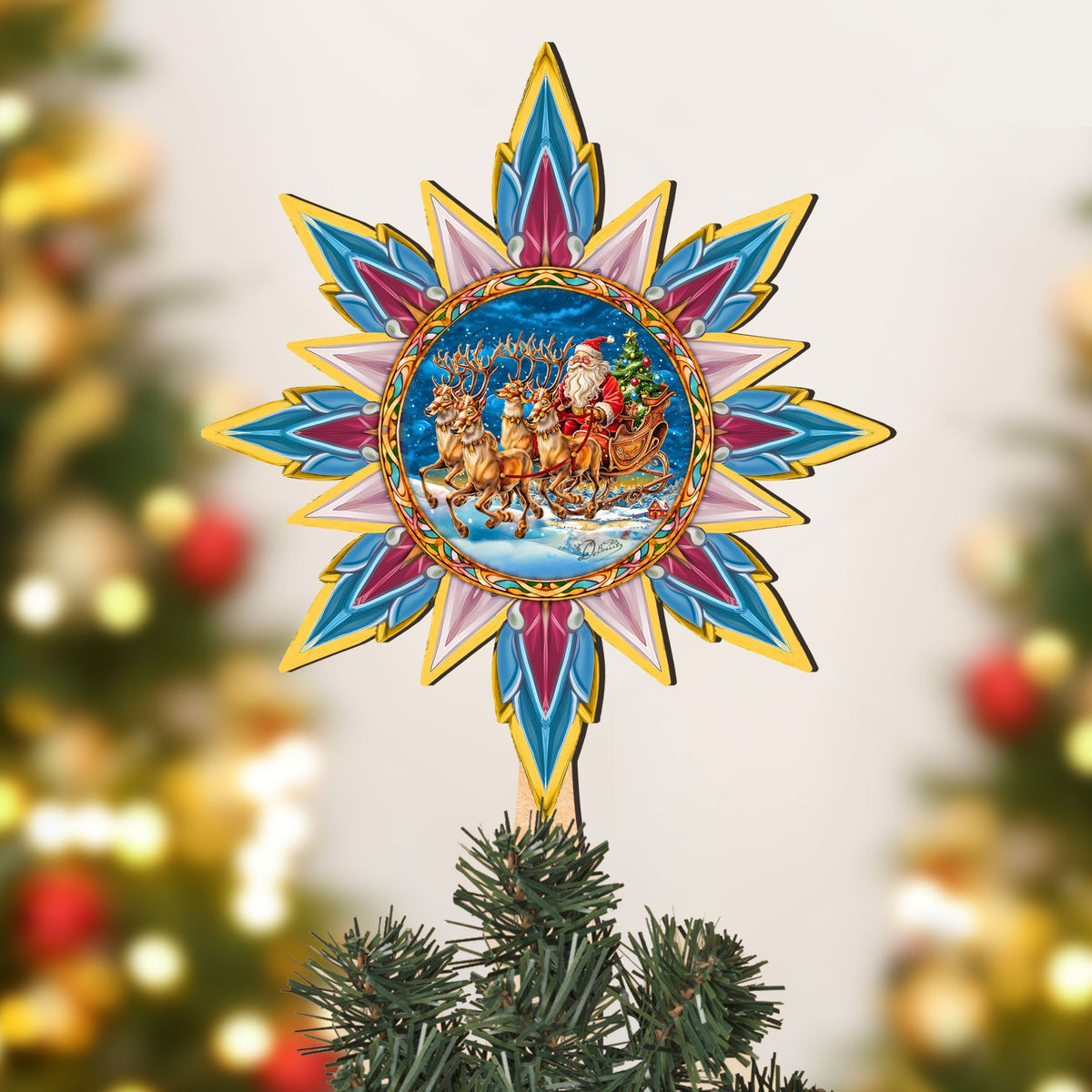 Santa on the Sleigh Star Tree Topper Wooden Decor