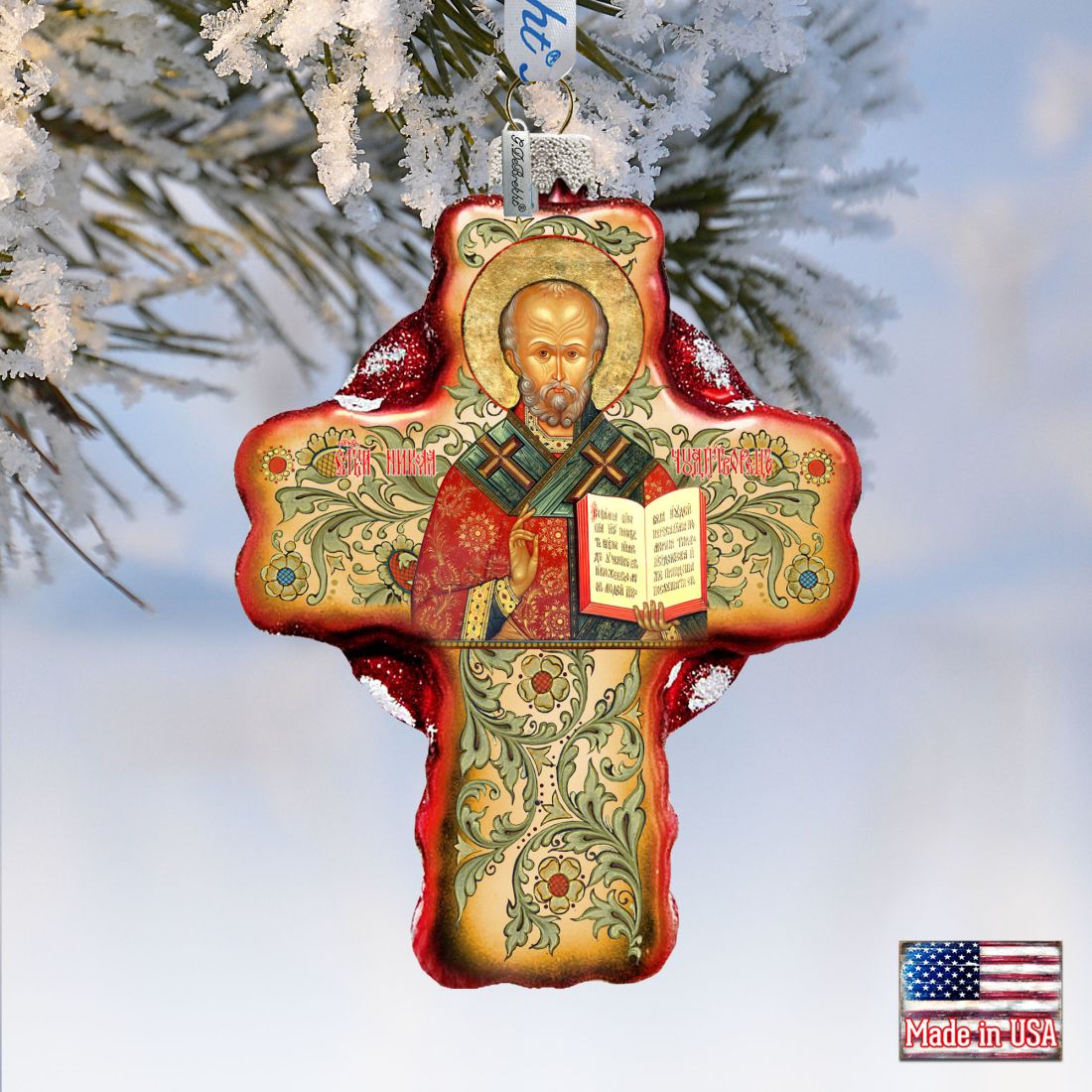 Saint Nicholas Icon Cross Glass Ornament by G. DeBrekht - Nativity Holiday Decor - 758-004