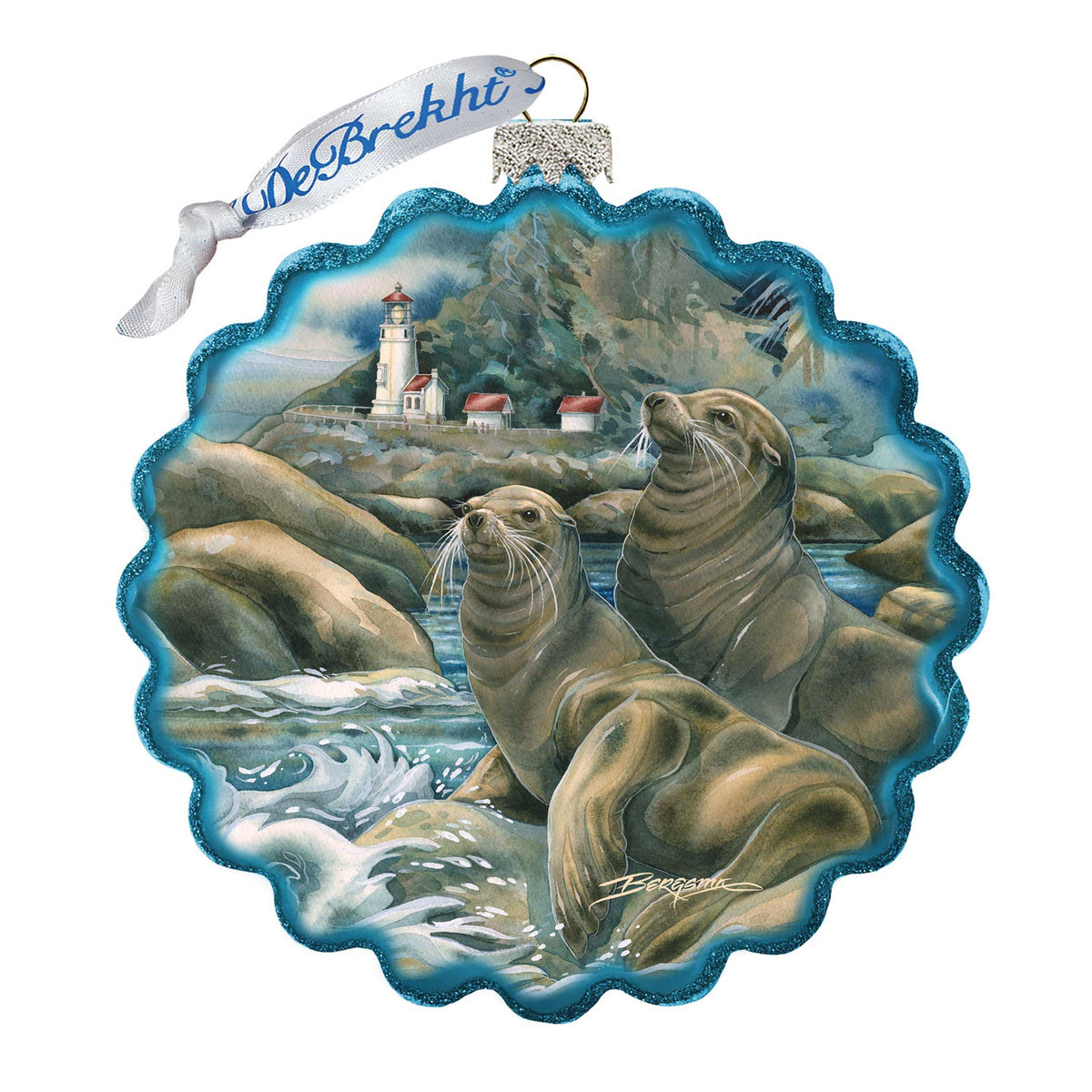 Lions of the Sea Lighthouse Caves Wreath Glass Ornament by J. Bergsma - Wildlife Holiday Decor - 759-883-JB