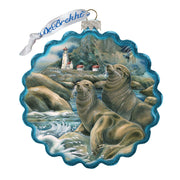 Lions of the Sea Lighthouse Caves Wreath Glass Ornament by J. Bergsma - Wildlife Holiday Decor - 759-883-JB