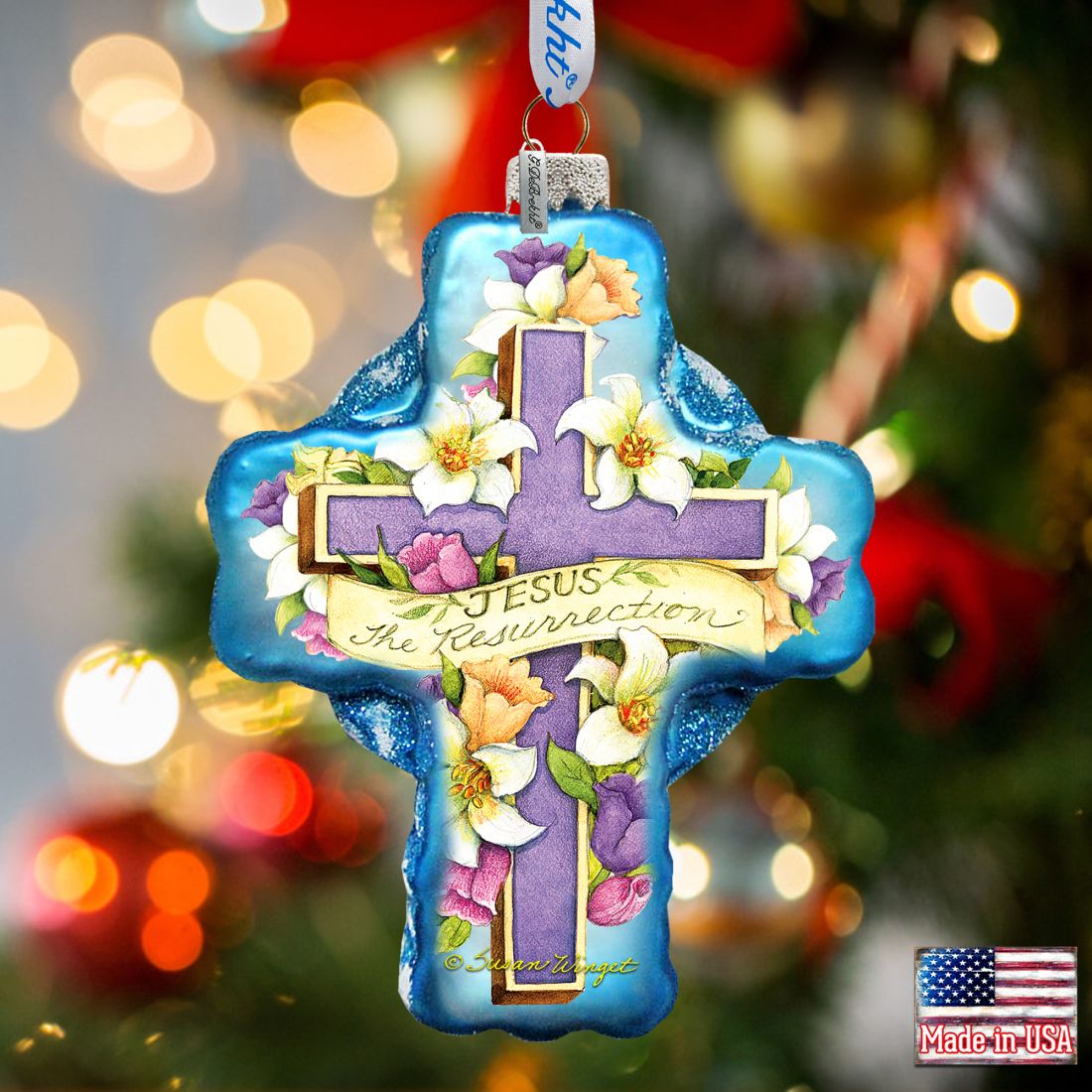 Resurrection Cross Glass Ornament by Susan Winget - Nativity Holiday Decor - 758-303-SW