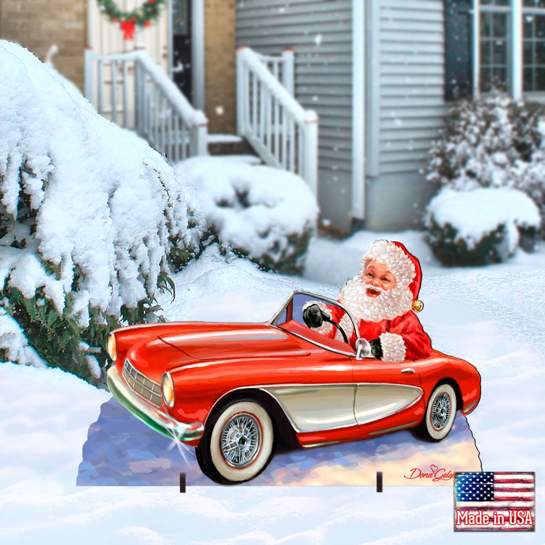 Santa Sports Car Christmas Outdoor Scene by D. Gelsinger - Christmas Santa Snowman Decor - 8461030F-1554