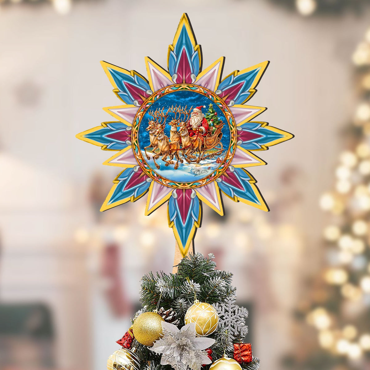 Santa on the Sleigh Star Tree Topper Wooden Decor
