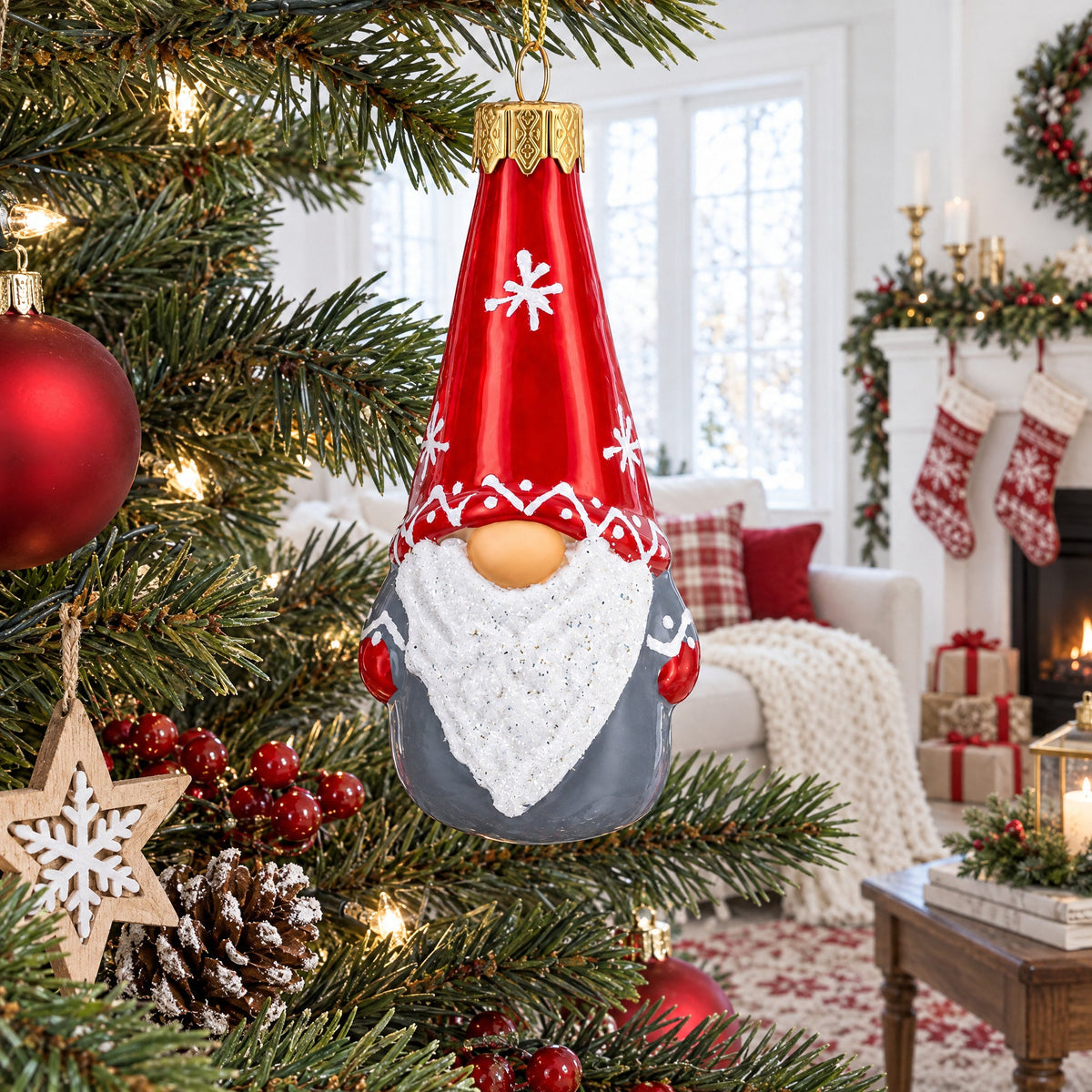 Scandinavian Gnome Elf Glass Christmas Ornament