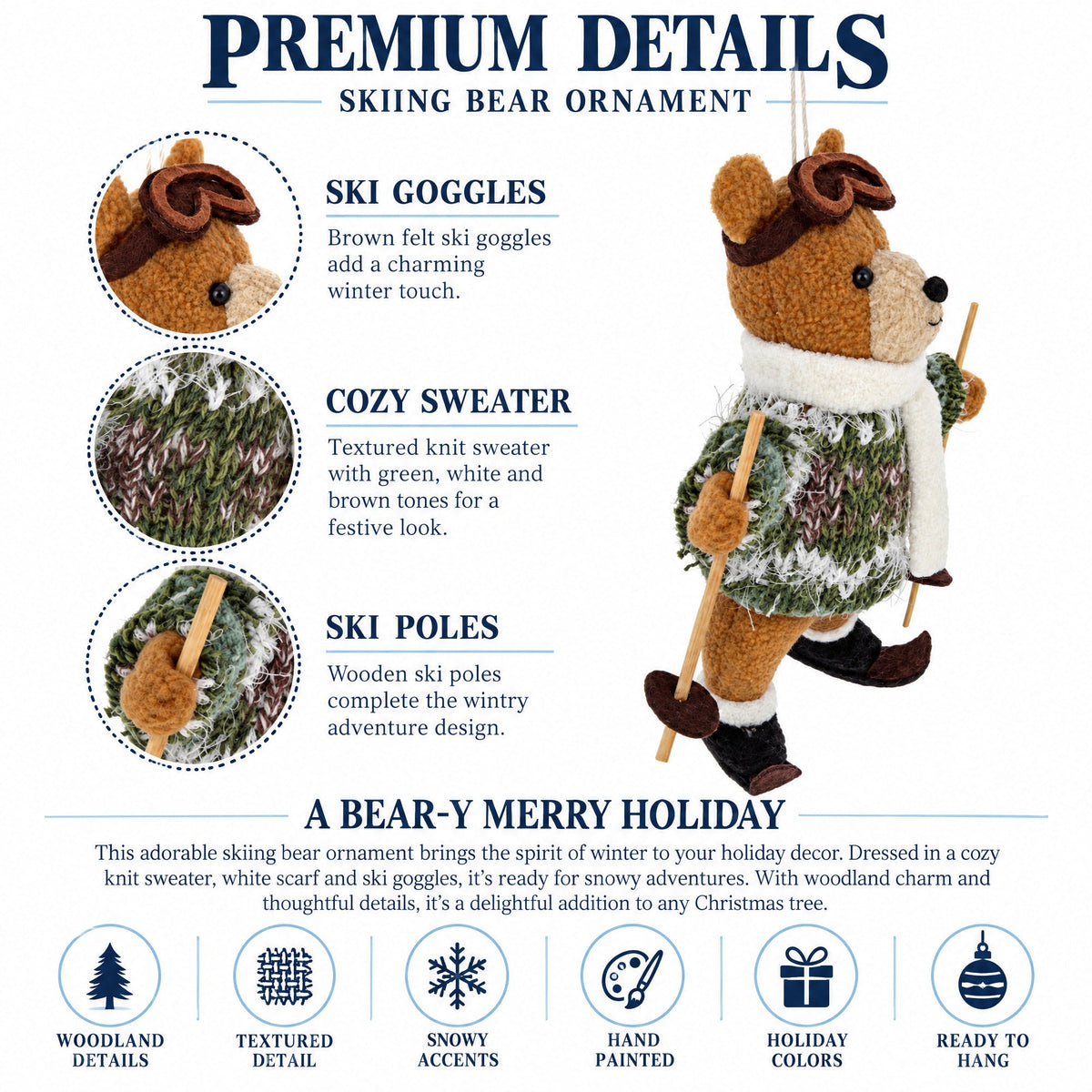 Skiing Brown Bear Felt Fabric Christmas Ornament