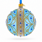 Baroque Filigree with Gemstones on Blue Glass Ball Christmas Ornament 4 Inches