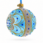 Baroque Filigree with Gemstones on Blue Glass Ball Christmas Ornament 4 Inches