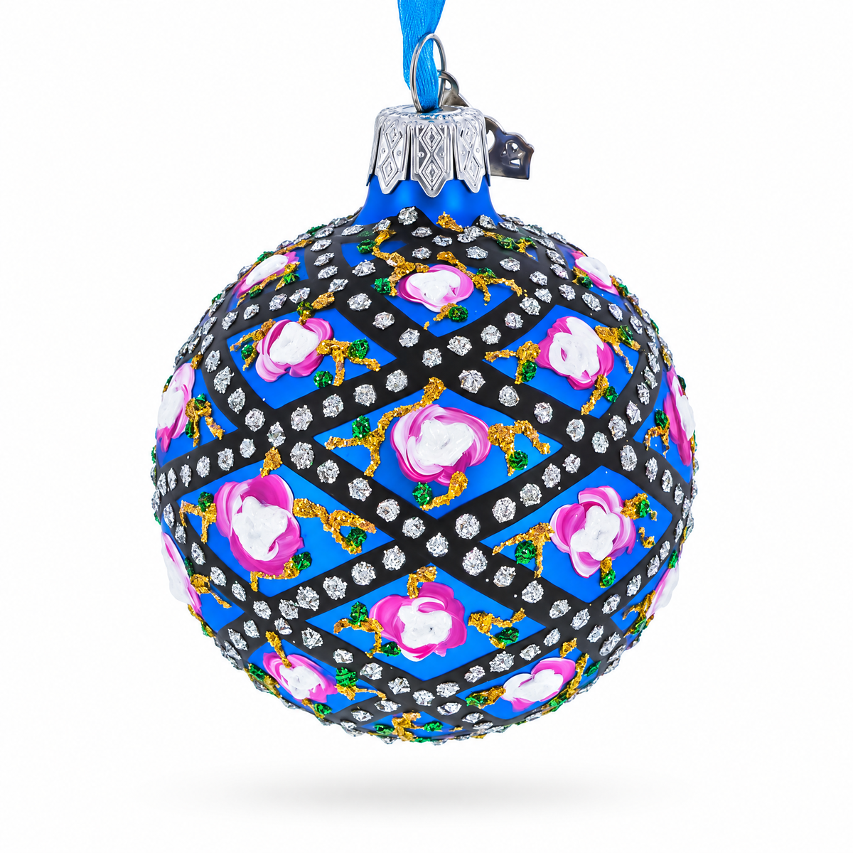 1907 Rose Trellis Royal Green Glass Ball Christmas Ornament 2.4 Inches