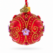 Red and Gold Glitter Scrollwork & Gem Accents Glass Ball Christmas Ornament 2.4 Inches