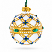 Yellow Trellis, Green Gems & Royal Blue Accents Glass Ball Christmas Ornament 2.4 Inches
