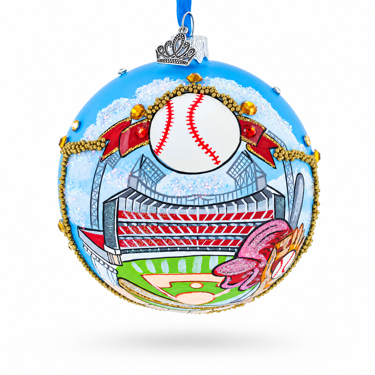 Baseball Stadium Scene Glass Ball Christmas Ornament 4 Inches