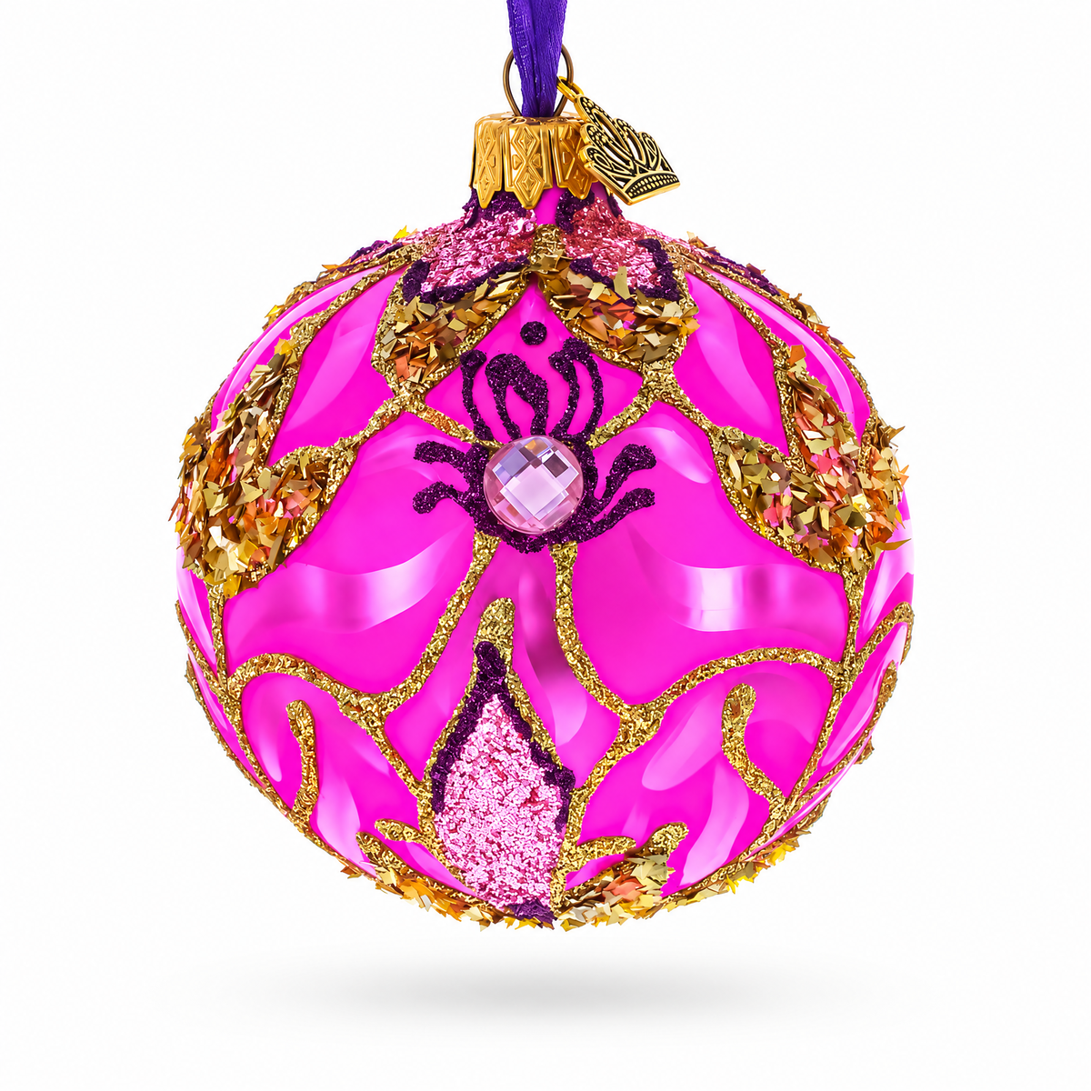 Pink with Gold Scrolls Jewel Iridescent Leaf Glass Ball Christmas Ornament 3.25 Inches