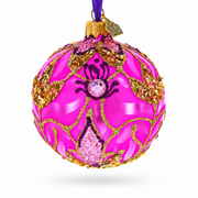 Pink with Gold Scrolls Jewel Iridescent Leaf Glass Ball Christmas Ornament 3.25 Inches