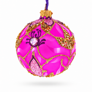 Pink with Gold Scrolls Jewel Iridescent Leaf Glass Ball Christmas Ornament 3.25 Inches
