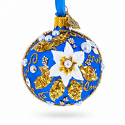 Baroque Style White Petal Flower with Gold Scrolls & Jeweled Accents Glass Ball Christmas Ornament