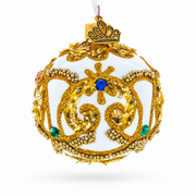 Gold Glitter Scrolls and Multicolor Jewel Accents on White Glass Ball Christmas Ornament