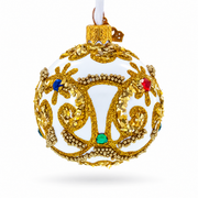Gold Glitter Scrolls and Multicolor Jewel Accents on White Glass Ball Christmas Ornament