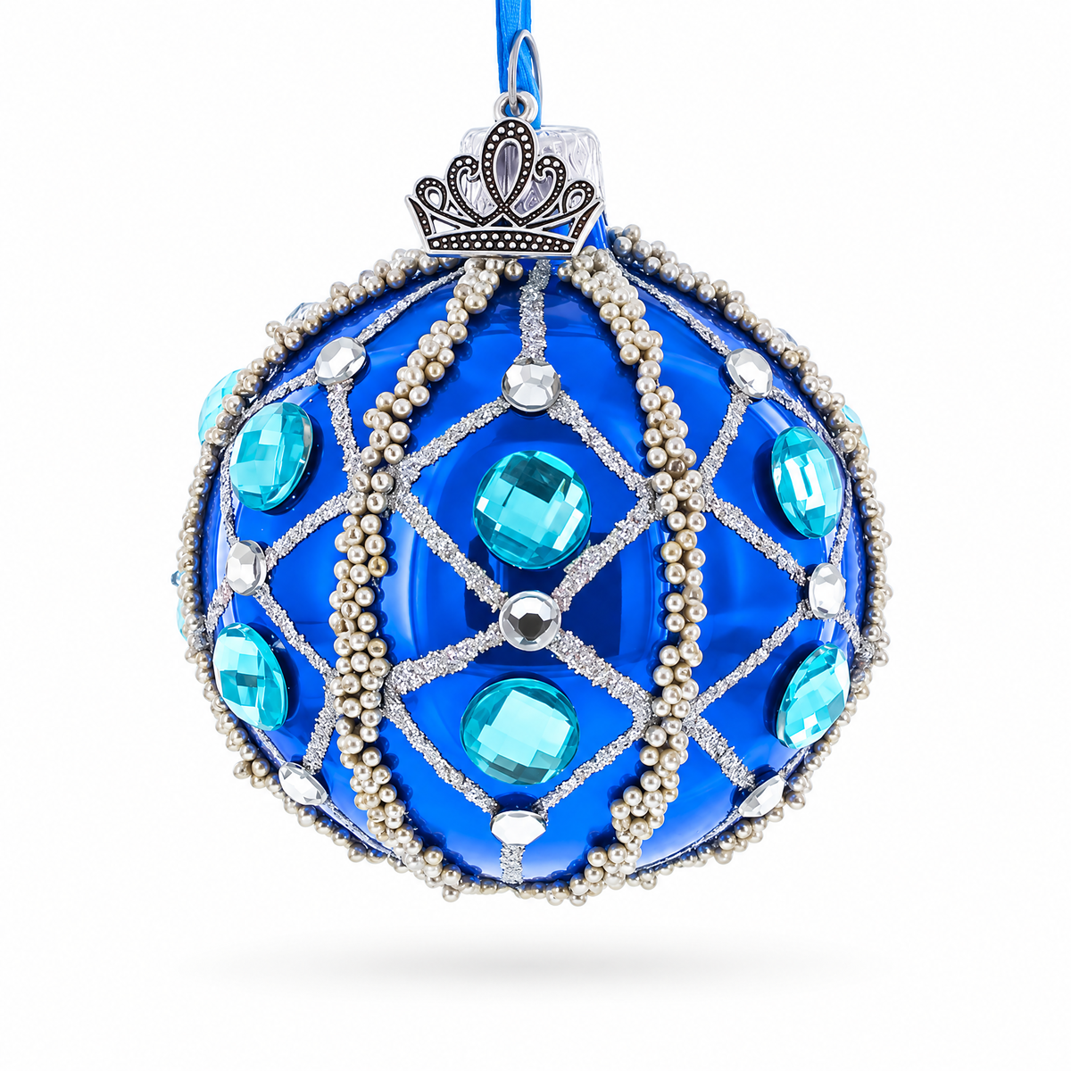 Silver Bead Lattice and Aqua Jewel Accents on Glossy Blue Glass Ball Christmas Ornament
