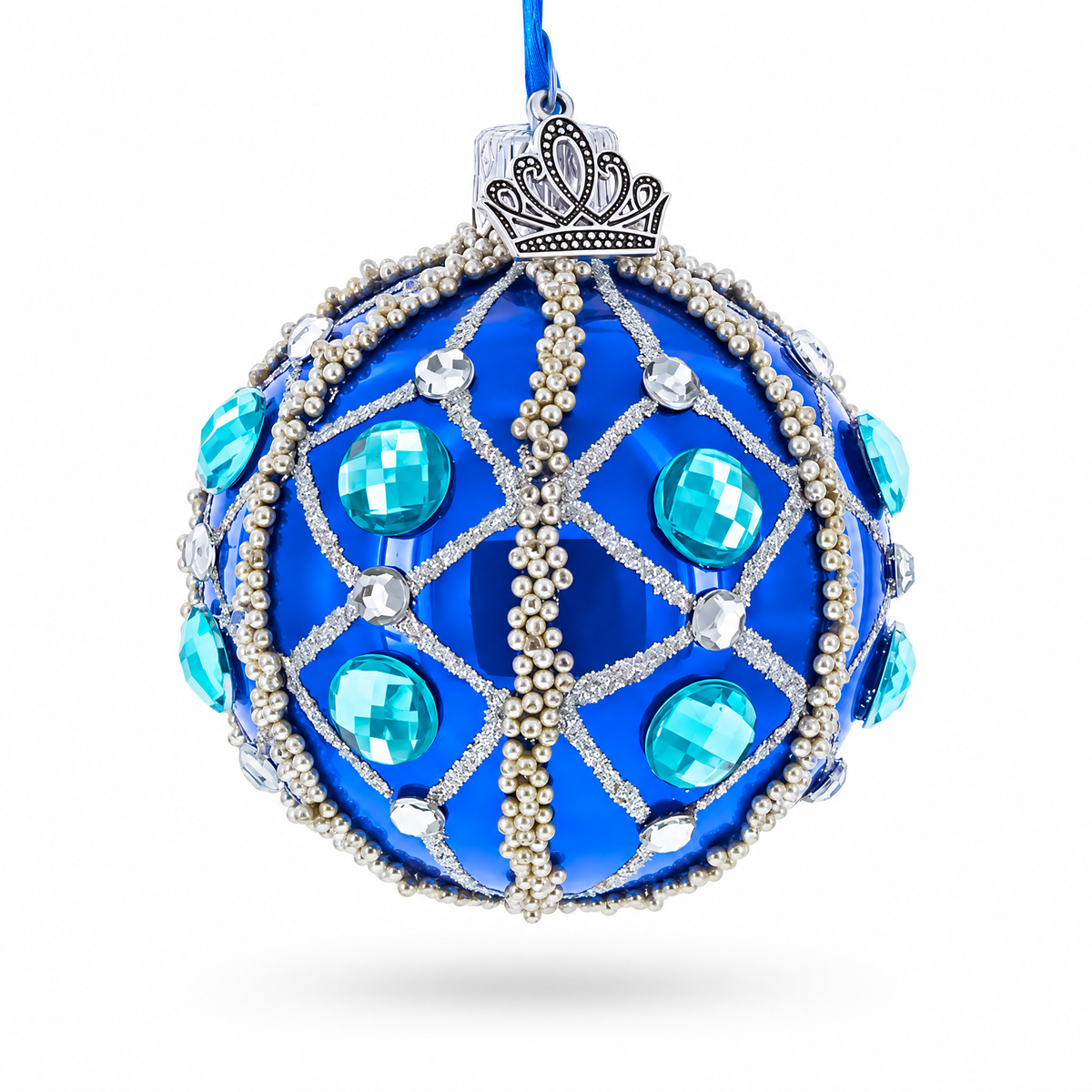 Silver Bead Lattice and Aqua Jewel Accents on Glossy Blue Glass Ball Christmas Ornament