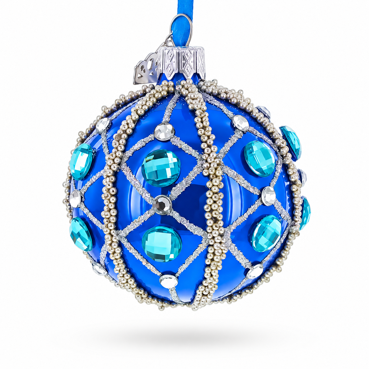 Silver Bead Lattice and Aqua Jewel Accents on Glossy Blue Glass Ball Christmas Ornament