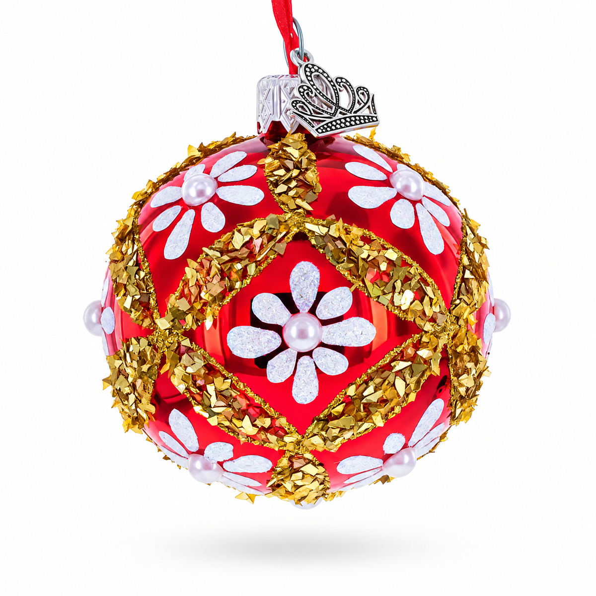 White Glitter Daisies and Pearls on Glossy Red with Gold Trim Glass Ball Christmas Ornament