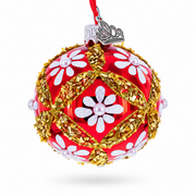 White Glitter Daisies and Pearls on Glossy Red with Gold Trim Glass Ball Christmas Ornament