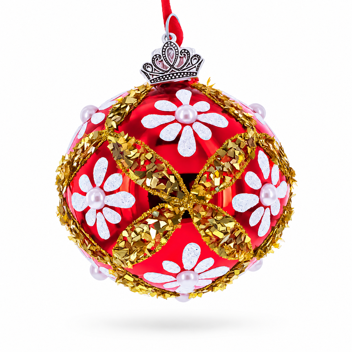 White Glitter Daisies and Pearls on Glossy Red with Gold Trim Glass Ball Christmas Ornament