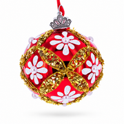 White Glitter Daisies and Pearls on Glossy Red with Gold Trim Glass Ball Christmas Ornament