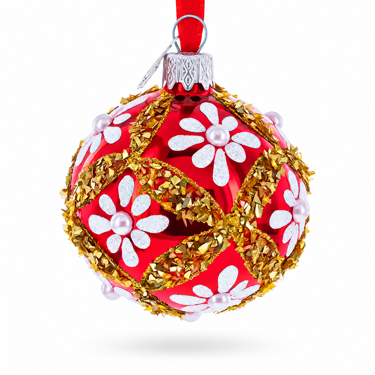 White Glitter Daisies and Pearls on Glossy Red with Gold Trim Glass Ball Christmas Ornament
