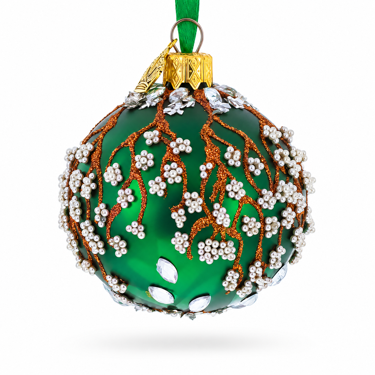 Copper Glitter Branches and Pearl Berry Accents on Green Glass Ball Christmas Ornament