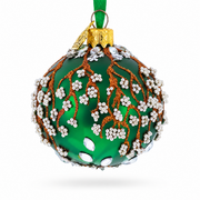 Copper Glitter Branches and Pearl Berry Accents on Green Glass Ball Christmas Ornament