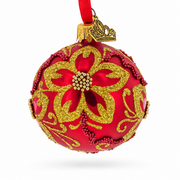 Gold Glitter Floral Scrolls and Beaded Petals on Red Glass Ball Christmas Ornament