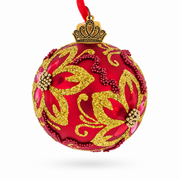 Gold Glitter Floral Scrolls and Beaded Petals on Red Glass Ball Christmas Ornament