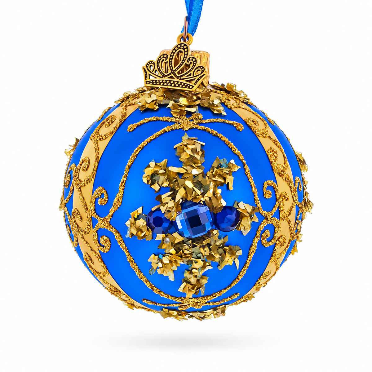 Gold Glitter Scrolls and Blue Gem Snowflake on Royal Blue Glass Ball Christmas Ornament