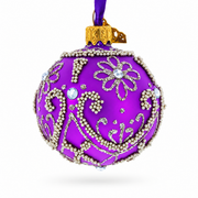 Silver Glitter Florals and Pearl Bead Scrollwork on Purple Glass Ball Christmas Ornament