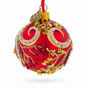 Glittered Red Berries and Gold Leaf Branches on Red Glass Ball Christmas Ornament