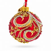 Glittered Red Berries and Gold Leaf Branches on Red Glass Ball Christmas Ornament