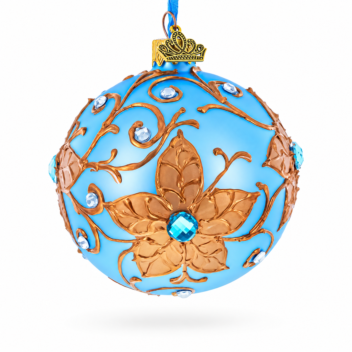 Raised Gold Floral Scrolls and Blue Crystal Accents on Matte Sky Blue Glass Ball Christmas Ornament 3.25 Inches