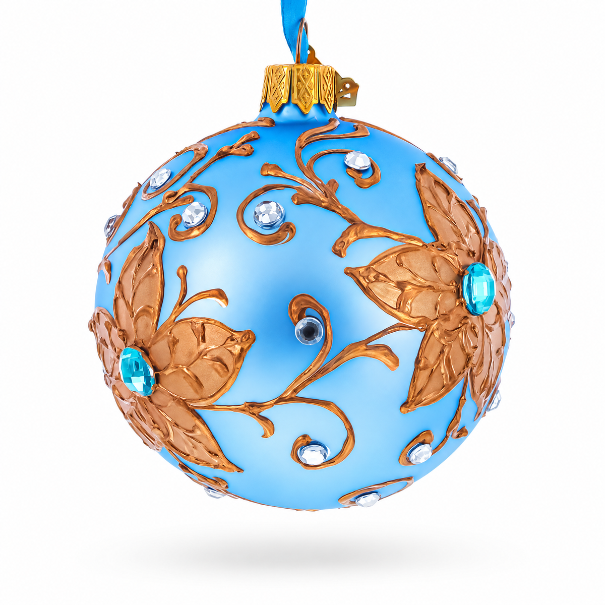 Raised Gold Floral Scrolls and Blue Crystal Accents on Matte Sky Blue Glass Ball Christmas Ornament 3.25 Inches