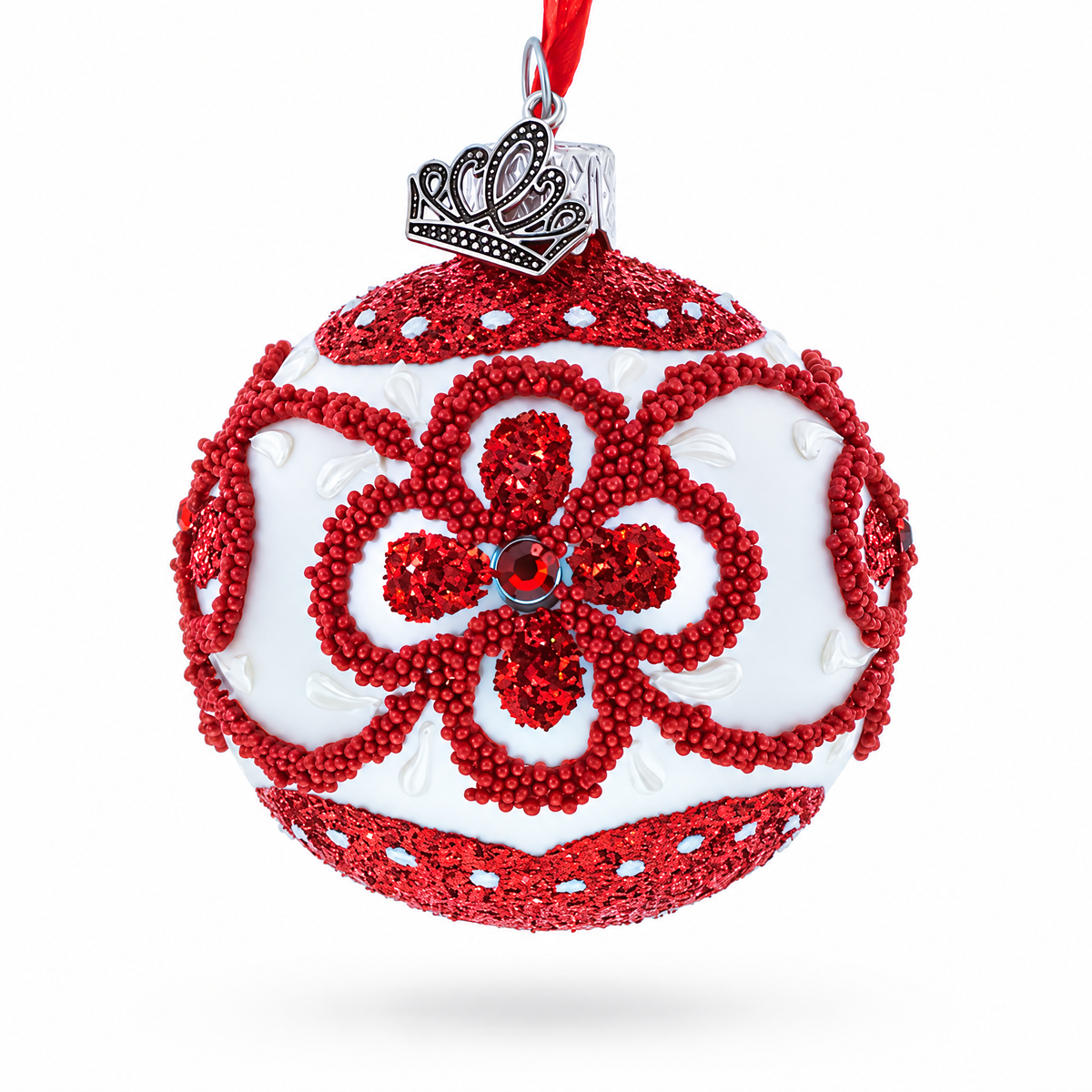 Red Glitter Petals and Beaded Floral Scrolls on White Glass Ball Christmas Ornament