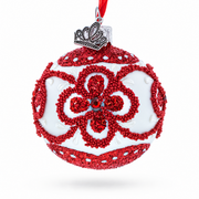 Red Glitter Petals and Beaded Floral Scrolls on White Glass Ball Christmas Ornament