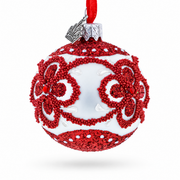 Red Glitter Petals and Beaded Floral Scrolls on White Glass Ball Christmas Ornament