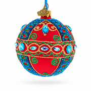 Blue Gem Accents and Gold Swirls on Red Glass Ball Christmas Ornament 3.25 Inches